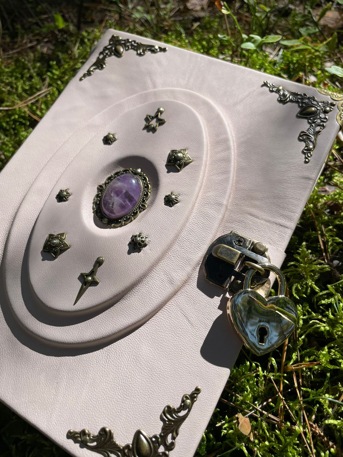 Light Pink Amethyst Grimoire with Lock - Handmade Leather Book of Shadows • Spellbook with Heart Padlock