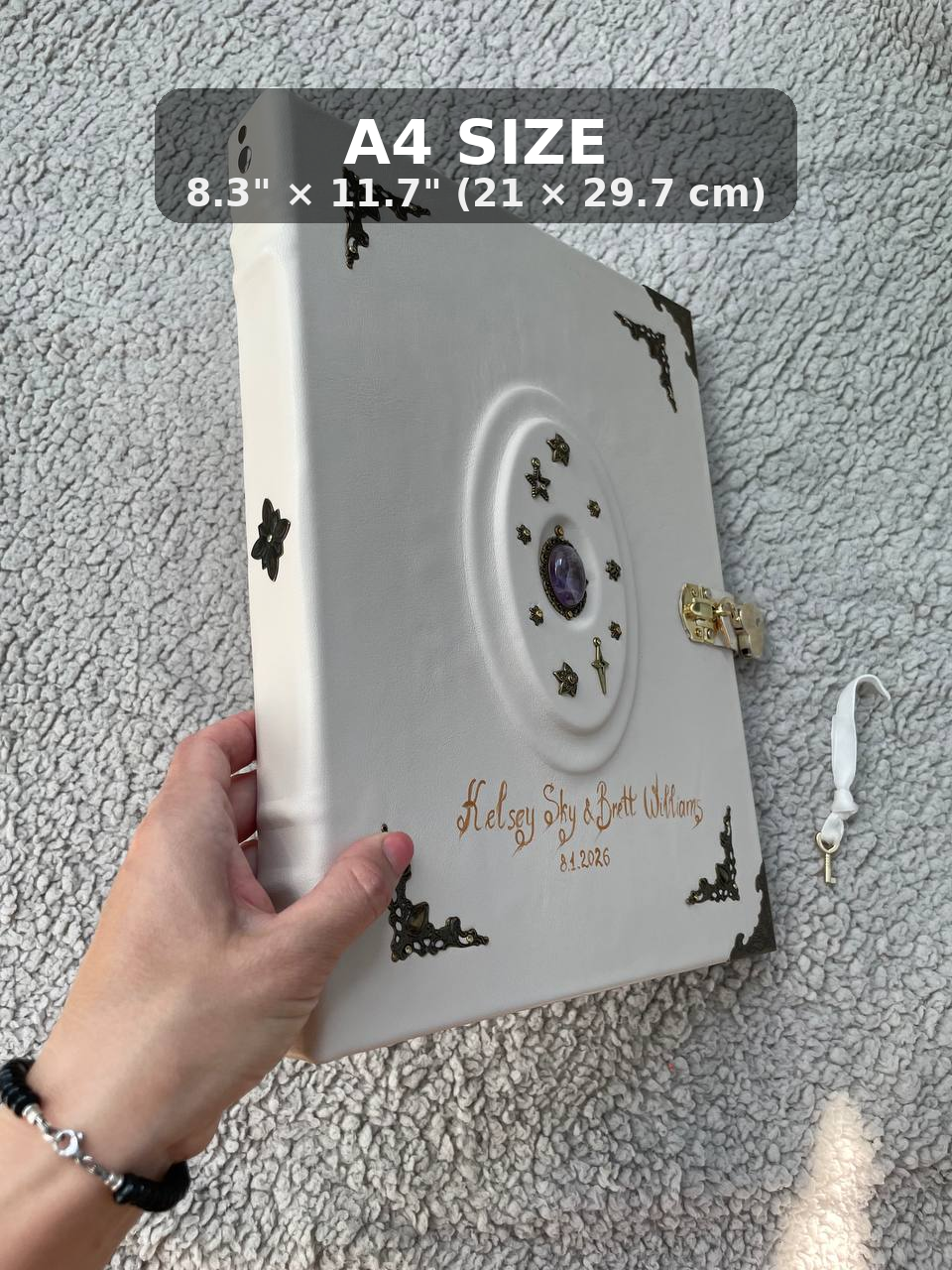Personalized Binder Grimoire, Handmade Leather Ring Binder – Ring Planner with Heart Lock and Amethyst Stone