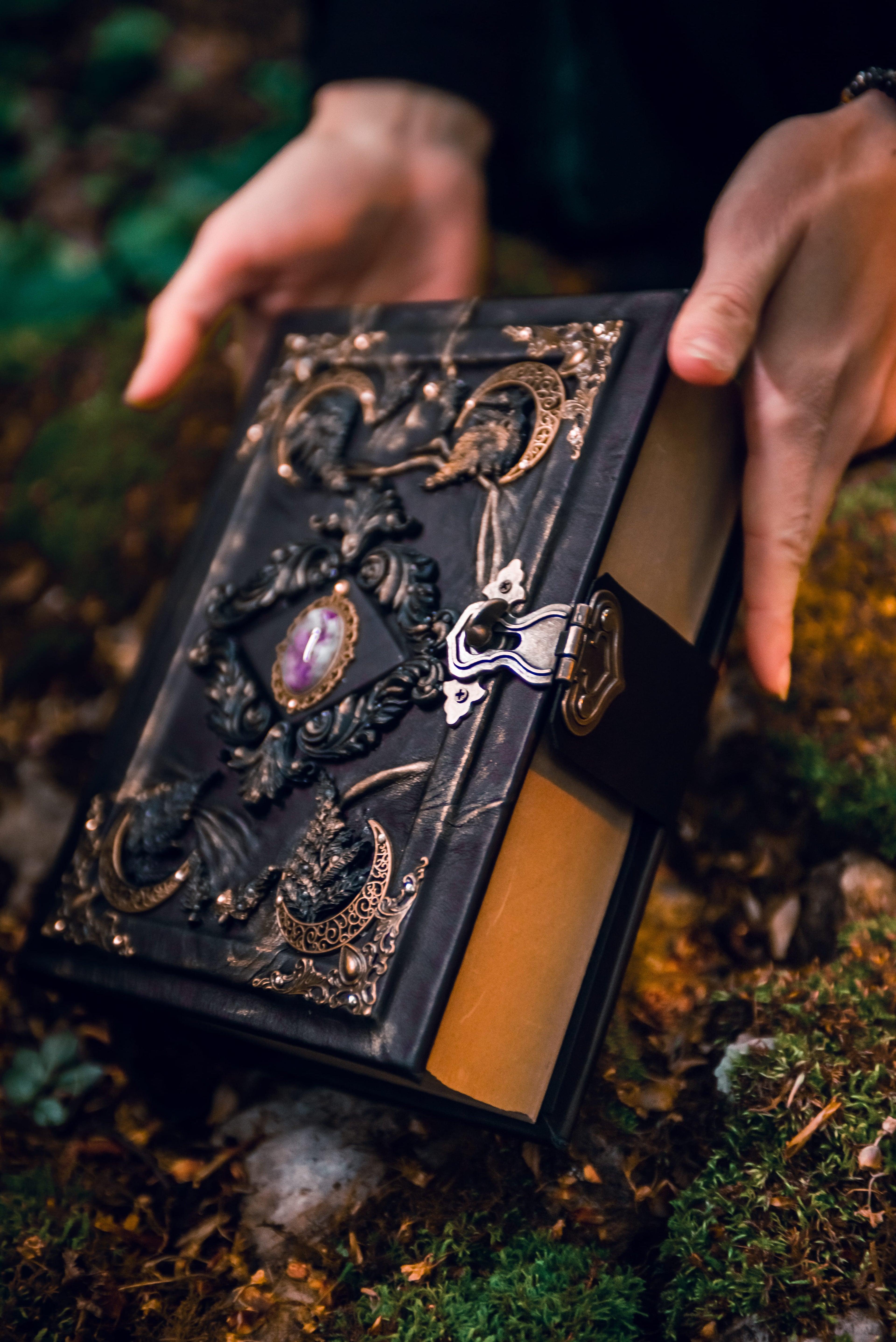 Amethyst Moon Grimoire – Witchcraft Book of Shadows, Handmade Leather Journal, Moon Phases SpellBook