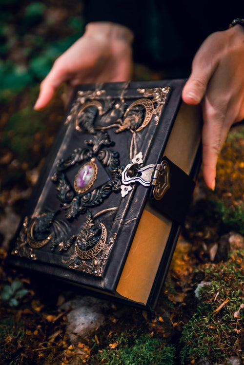 Amethyst Moon Grimoire – Witchcraft Book of Shadows, Handmade Leather Journal, Moon Phases SpellBook