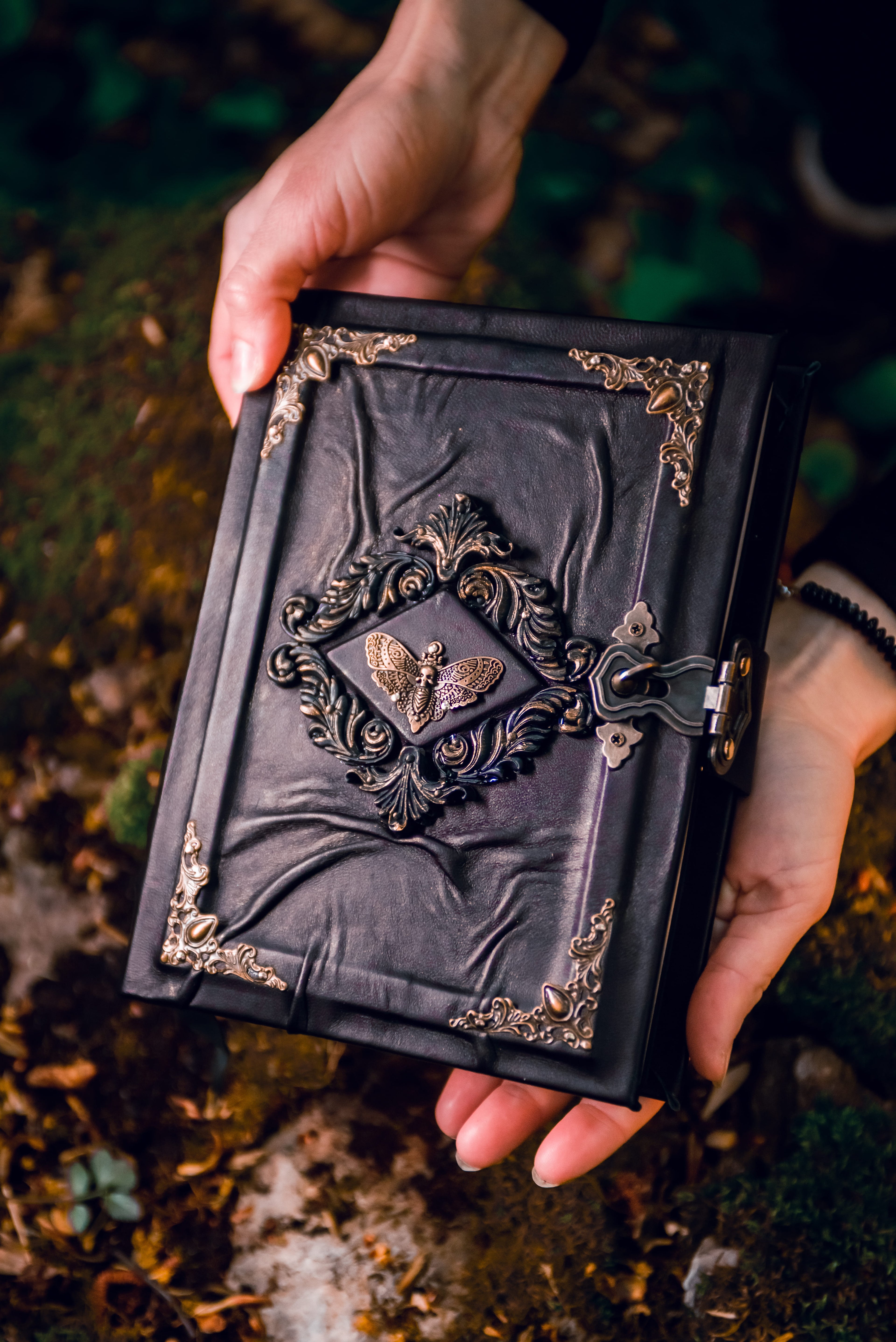 Death’s Head Moth Grimoire – Gothic Leather Witchcraft Journal for Dark Arts