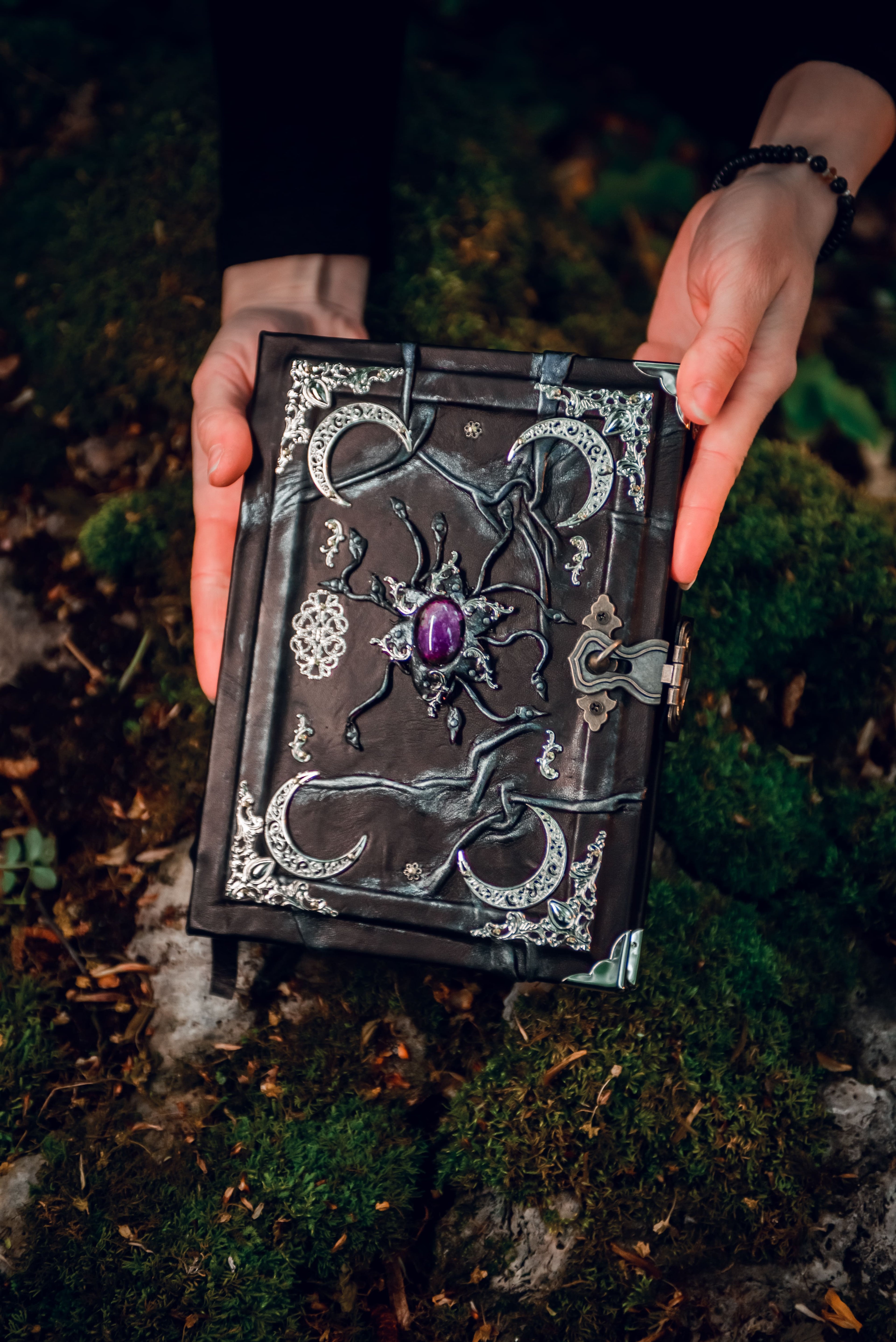 Gothic Leather Grimoire: Amethyst & Silver - Handmade Witchcraft Journal