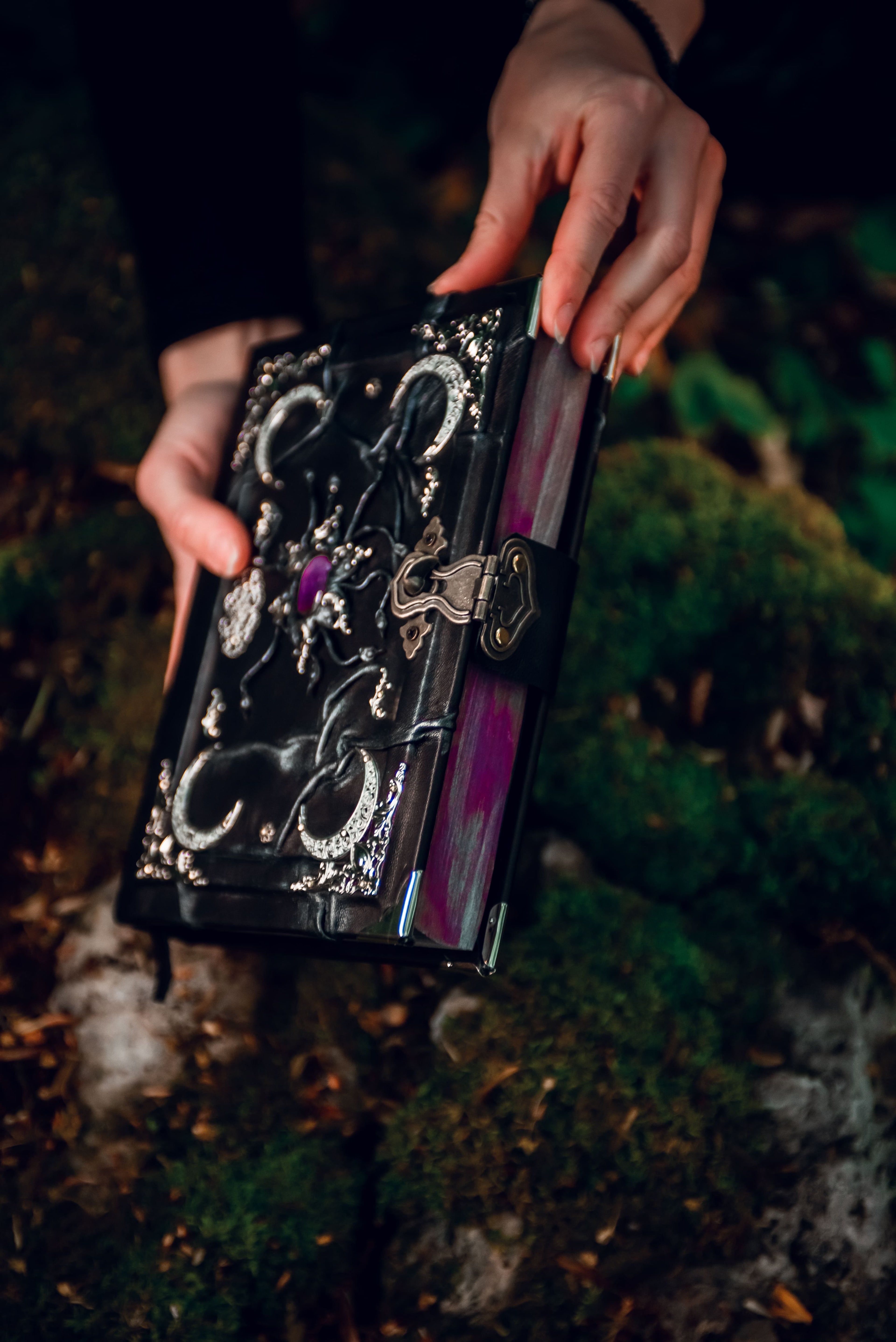 Gothic Leather Grimoire: Amethyst & Silver - Handmade Witchcraft Journal