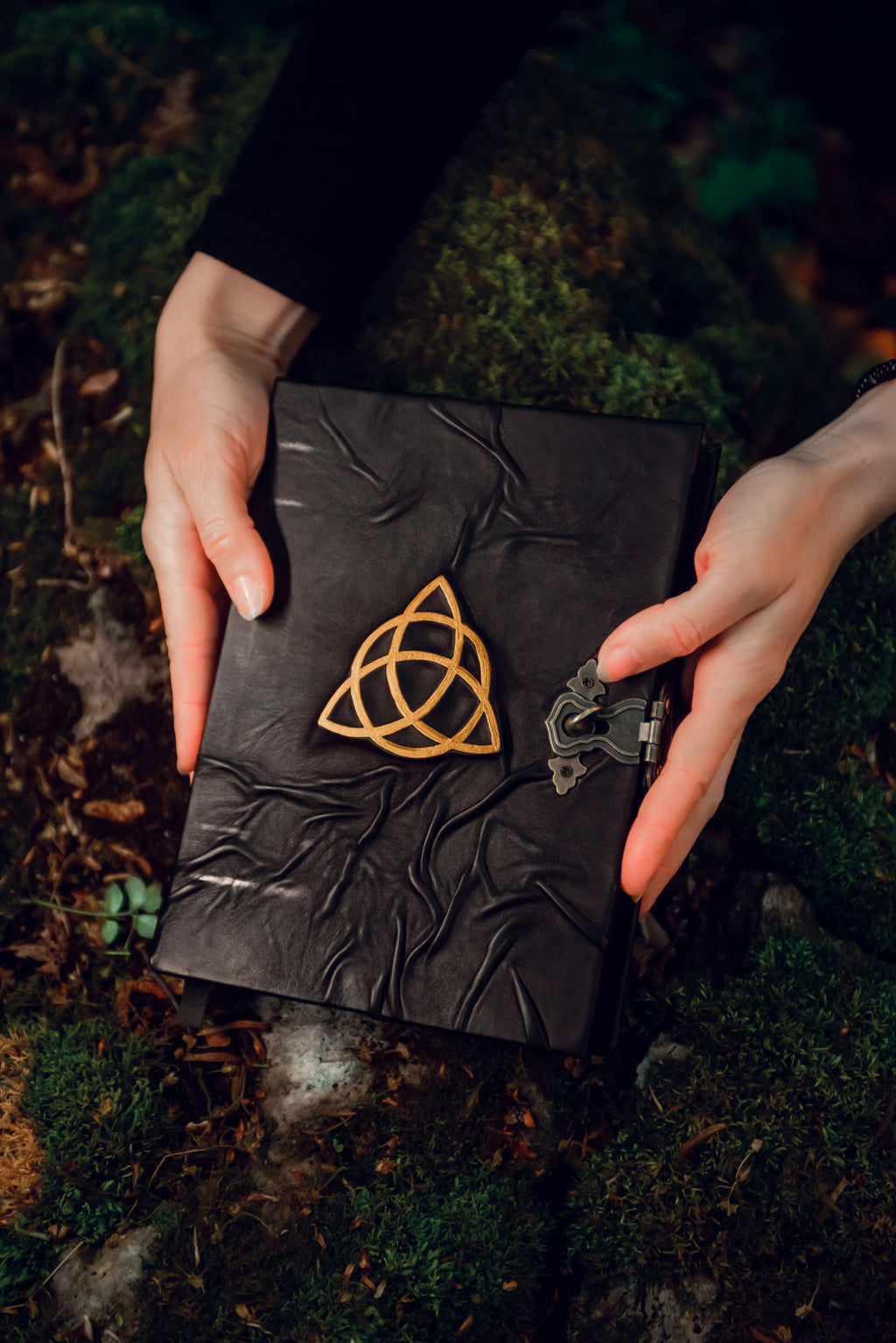 Leather Grimoire with Gold Triquetra | Book of Shadows Journal | Handmade Witch Notebook | Pagan Gift
