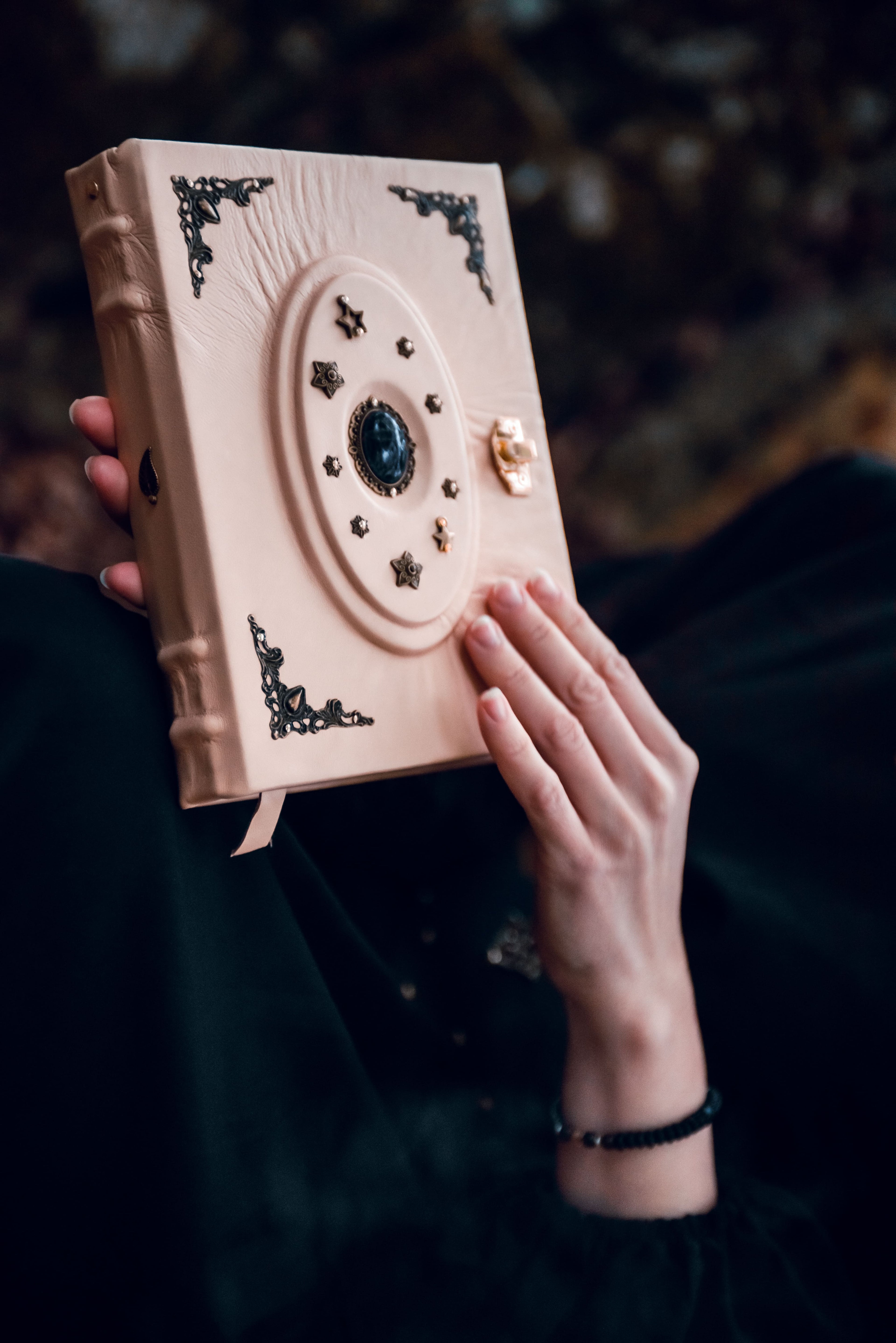 Pink Amethyst Grimoire | Handmade Leather Book of Shadows | Witch Journal | Crystal Spell Book | Lockable Leather Notebook