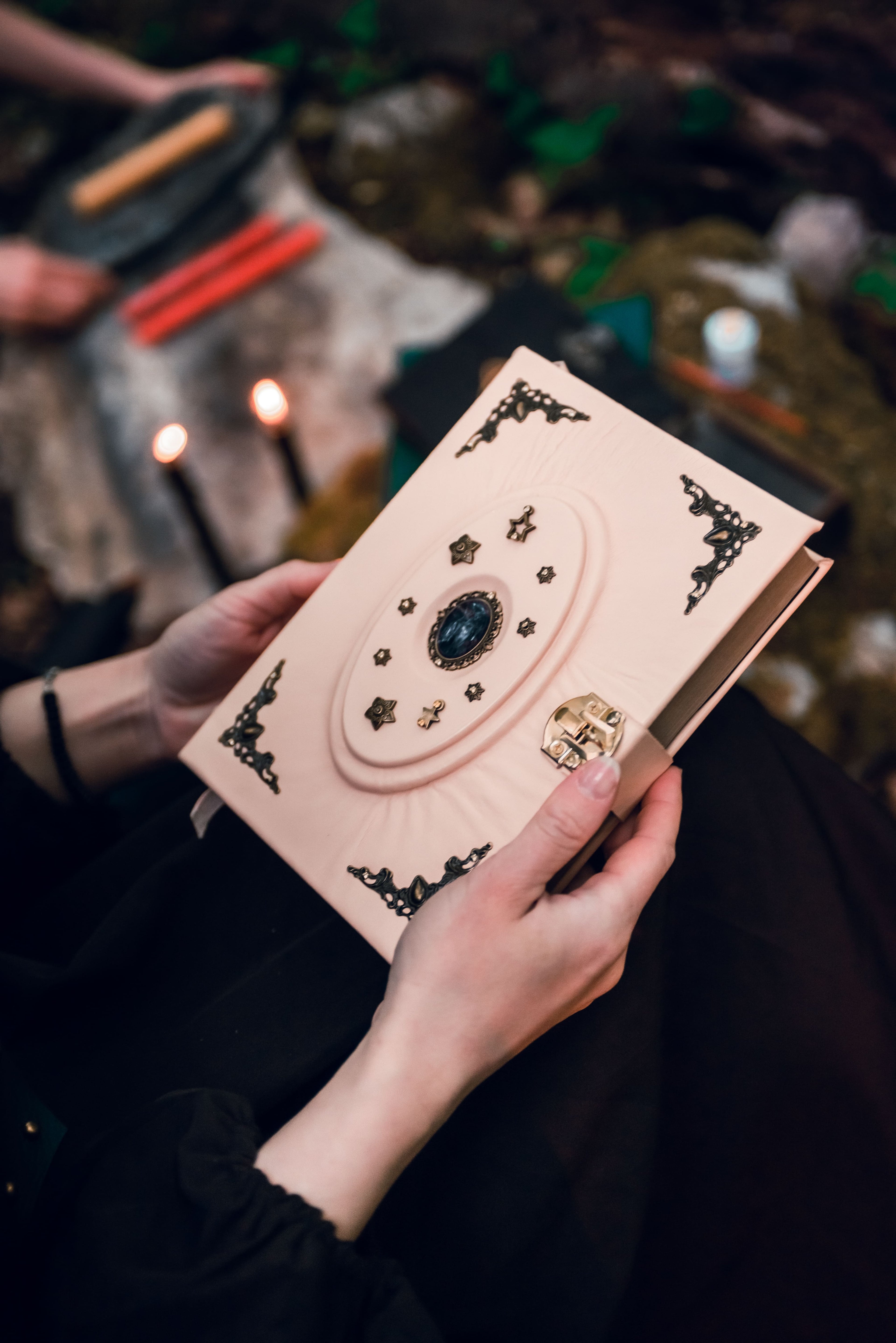 Pink Amethyst Grimoire | Handmade Leather Book of Shadows | Witch Journal | Crystal Spell Book | Lockable Leather Notebook