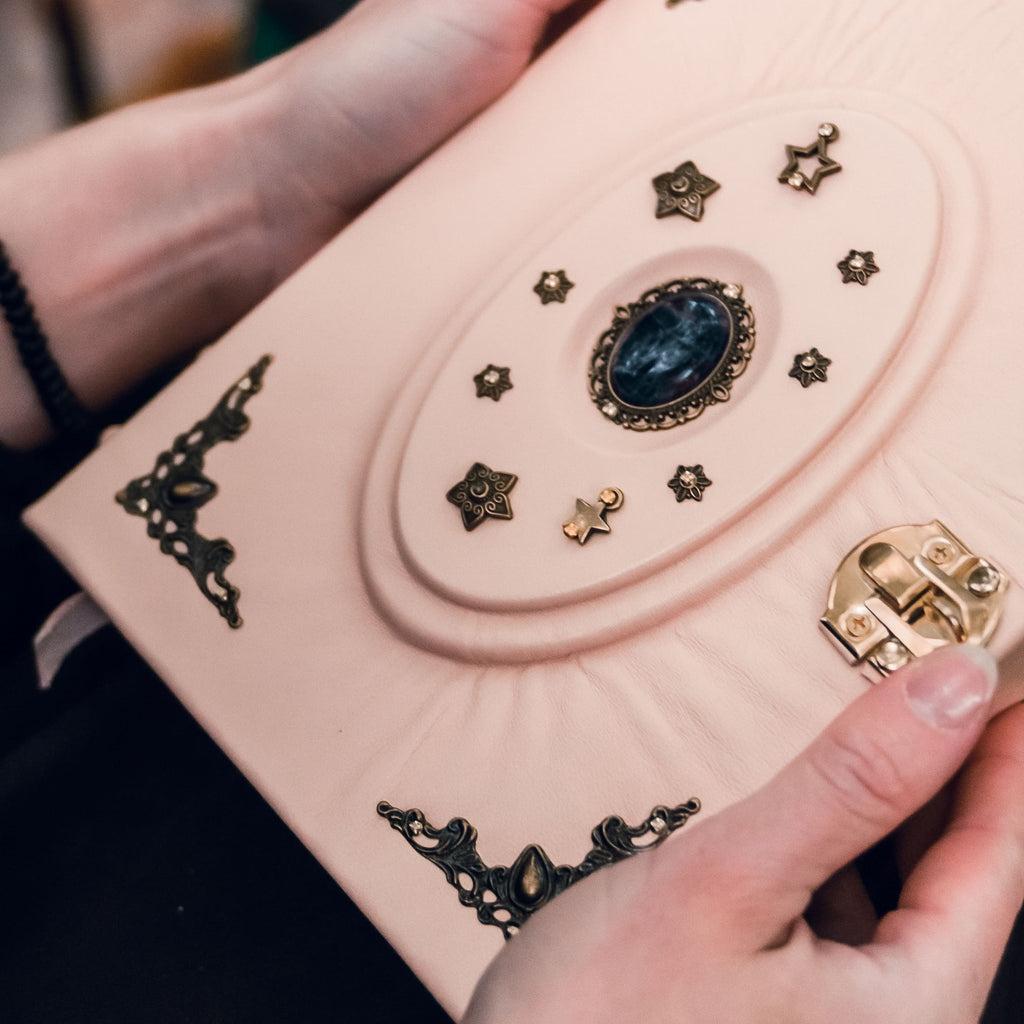 Pink Amethyst Grimoire | Handmade Leather Book of Shadows | Witch Journal | Crystal Spell Book | Lockable Leather Notebook