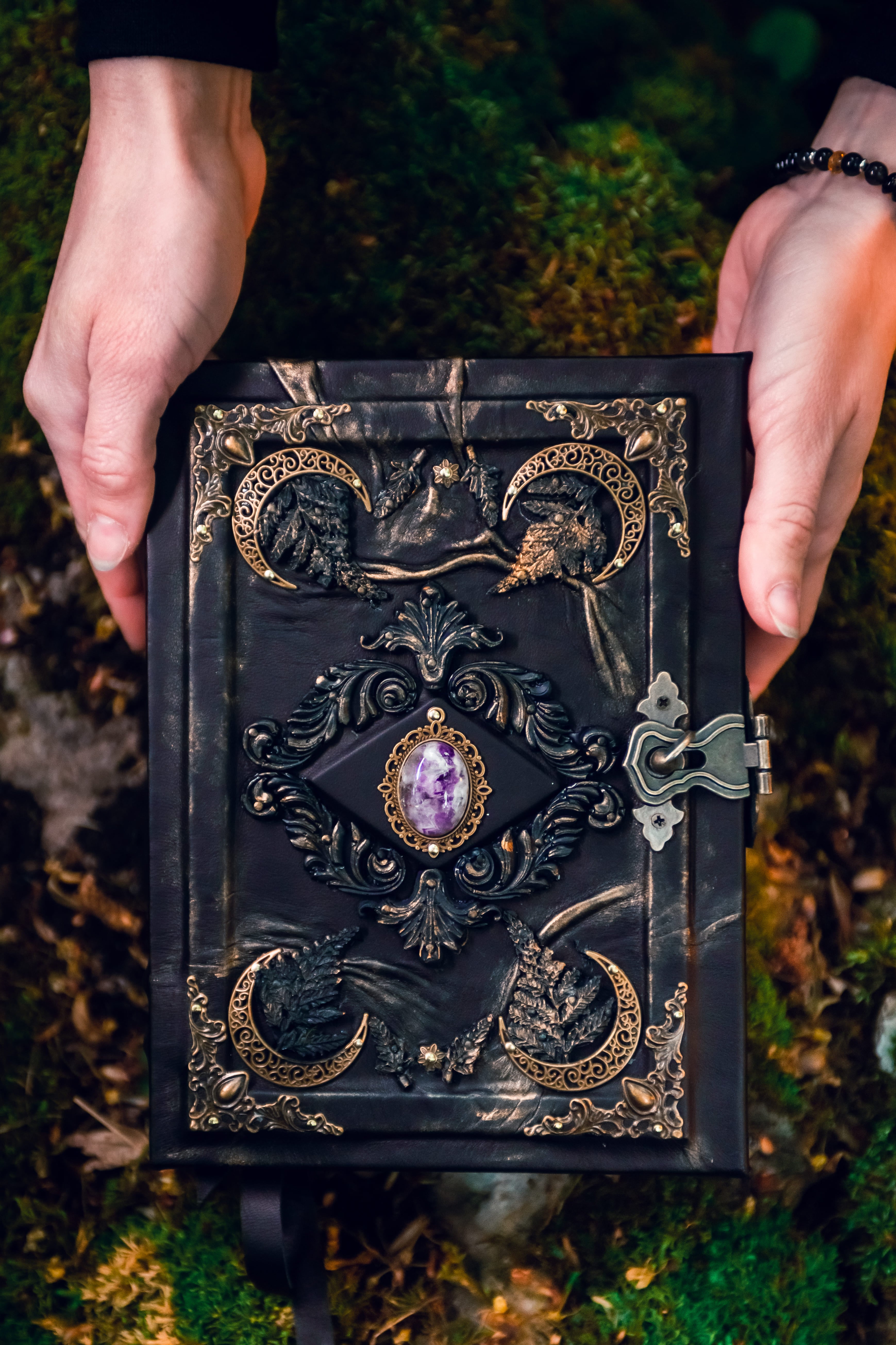 Amethyst Moon Grimoire – Witchcraft Book of Shadows, Handmade Leather Journal, Moon Phases SpellBook