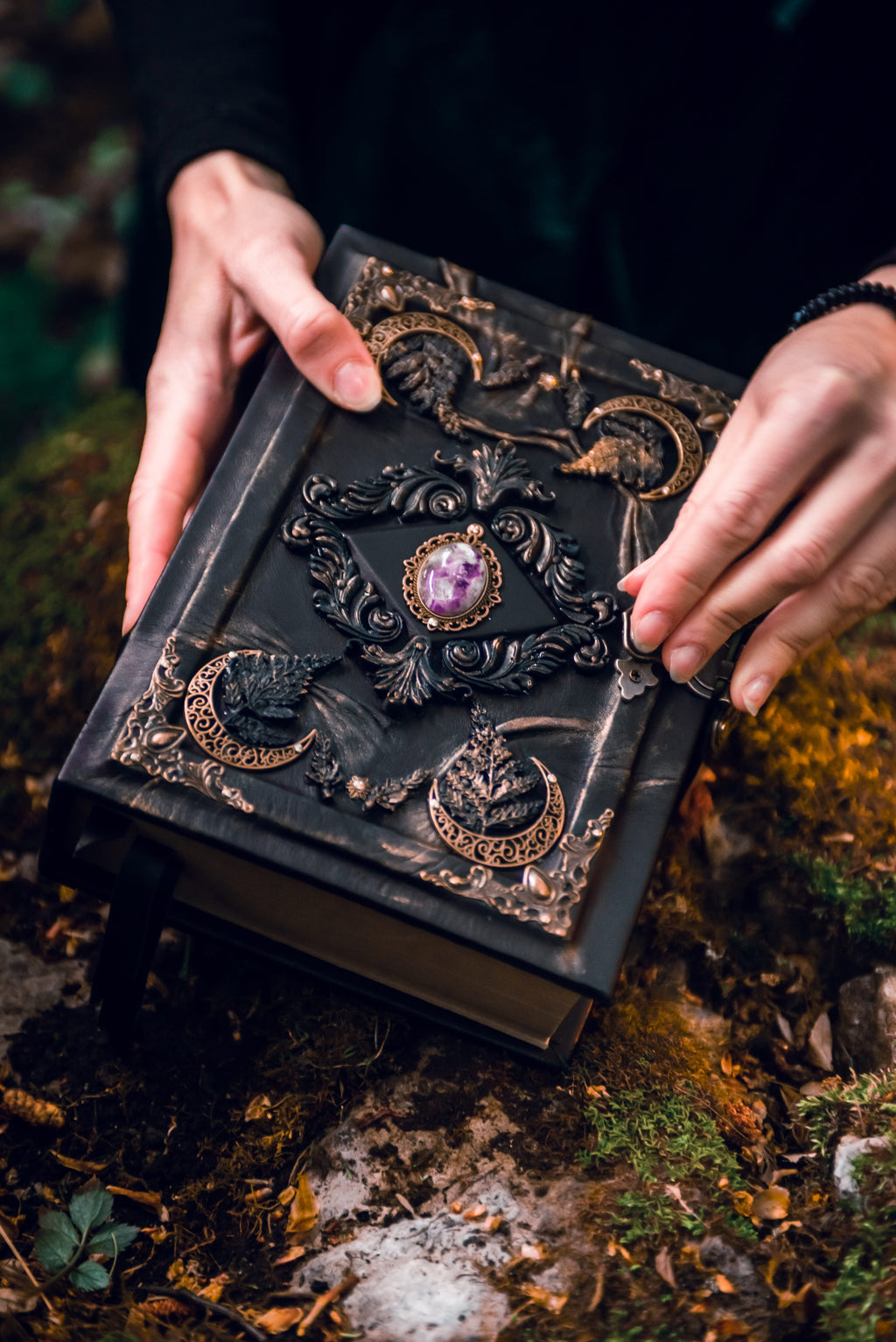 Amethyst Moon Grimoire – Witchcraft Book of Shadows, Handmade Leather Journal, Moon Phases SpellBook