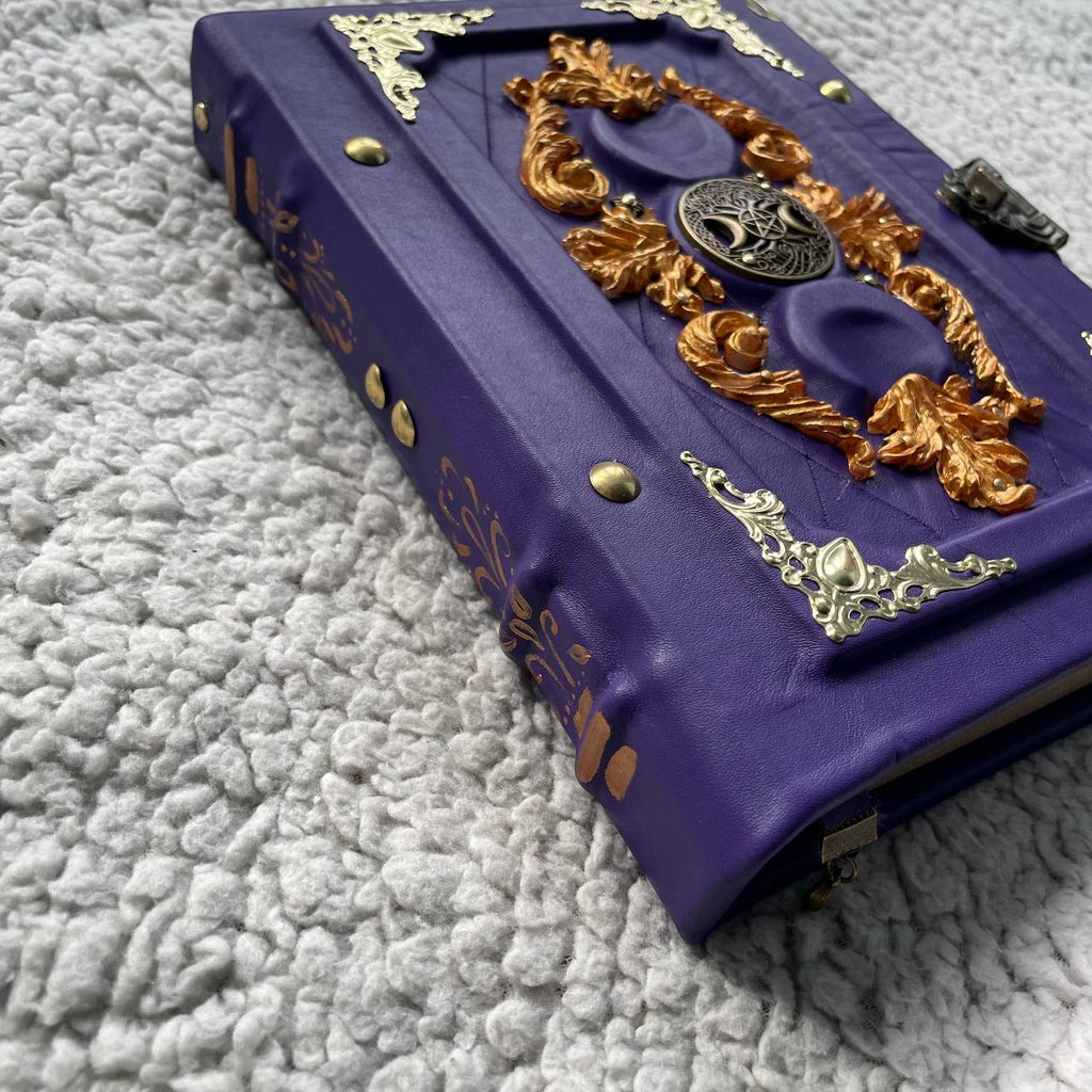Triple Moon Witch Grimoire Journal – Leather Diary in Purple & Gold