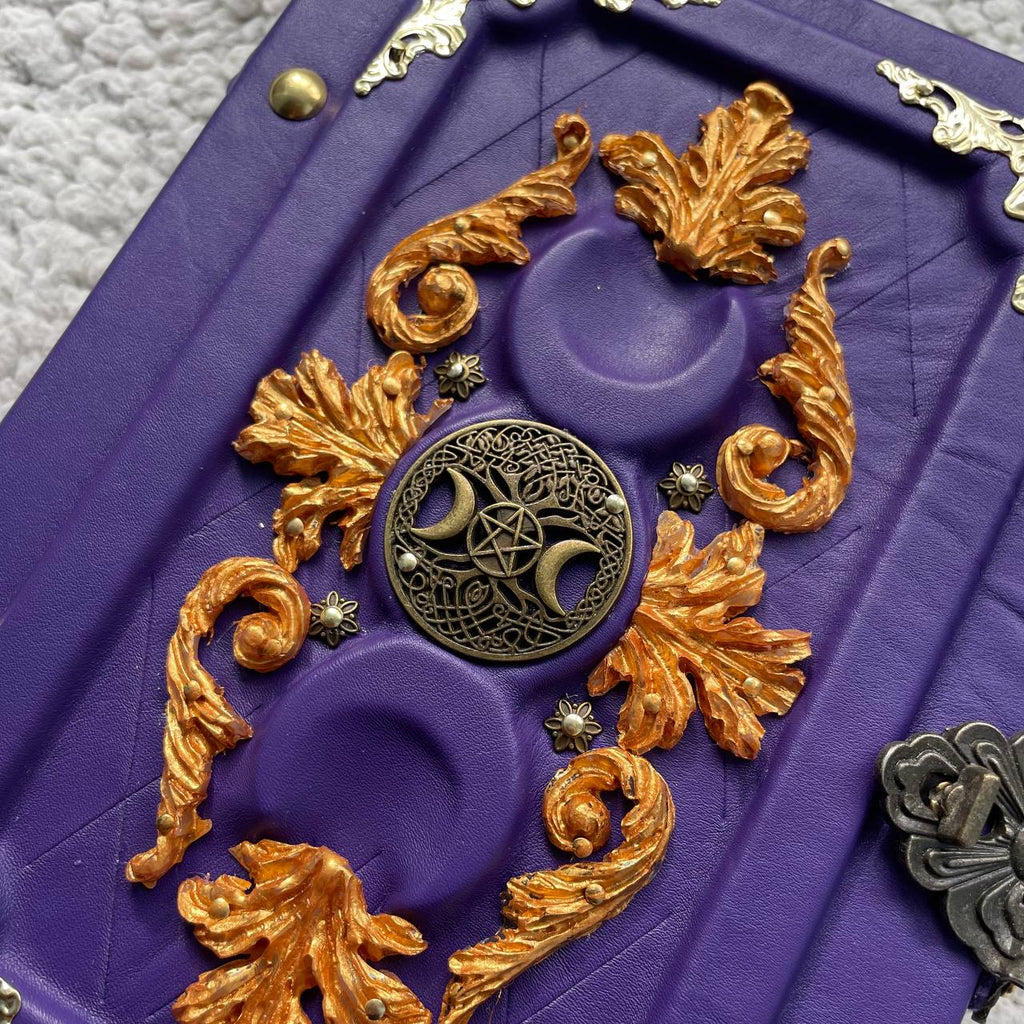 Triple Moon Witch Grimoire Journal – Leather Diary in Purple & Gold