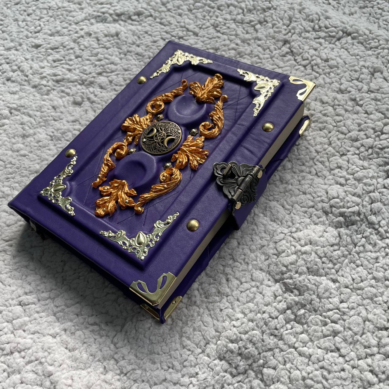 Triple Moon Witch Grimoire Journal – Leather Diary in Purple & Gold