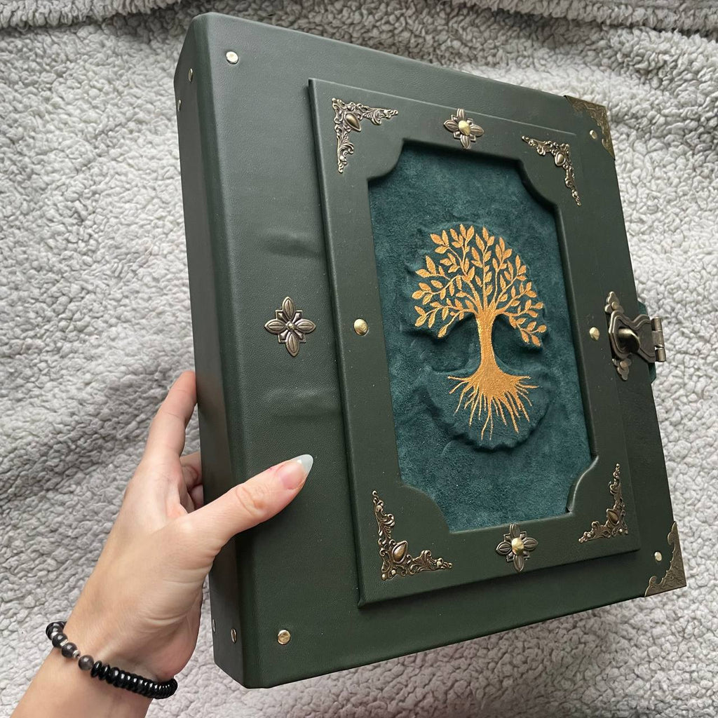 Ancestral Magic Grimoire Emerald Heritage | Leather Handmade Binder | Witchcraft Family Book | Removable Pages