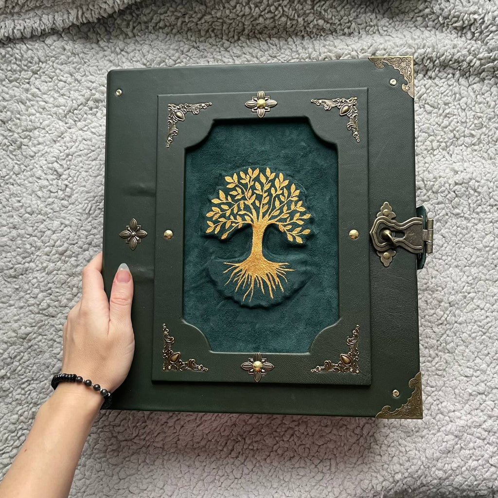 Ancestral Magic Grimoire Emerald Heritage | Leather Handmade Binder | Witchcraft Family Book | Removable Pages