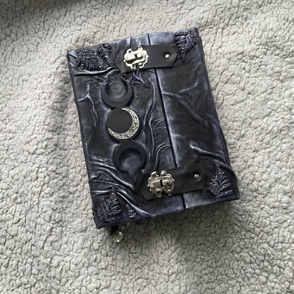 Lilac Fern Grimoire – Handcrafted Leather Spellbook with Triple Moon