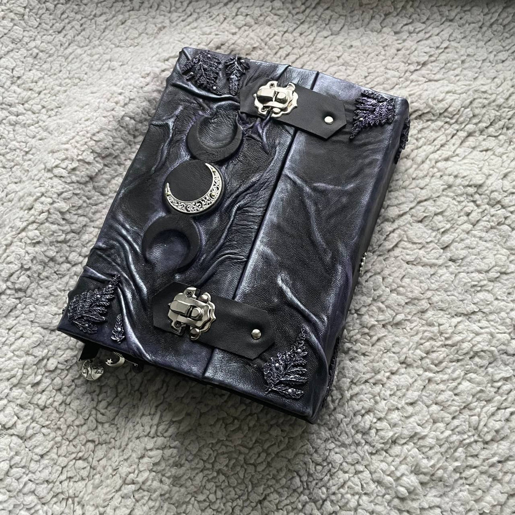 Lilac Fern Grimoire – Handcrafted Leather Spellbook with Triple Moon