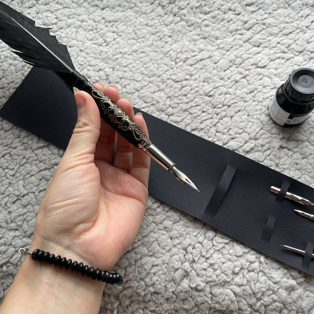 Black Feather Quill Pen Set for Handcrafted Grimoire – Vintage Calligraphy Set for Witches, Writers & Magic Lovers