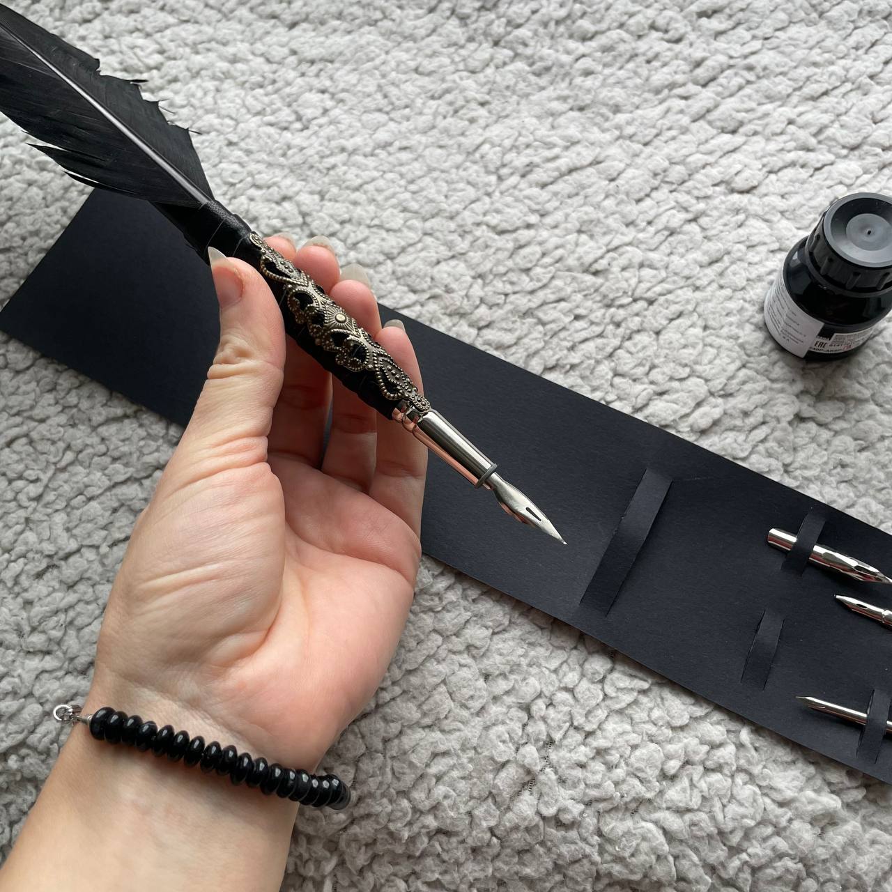 Black Feather Quill Pen Set for Handcrafted Grimoire – Vintage Calligraphy Set for Witches, Writers & Magic Lovers