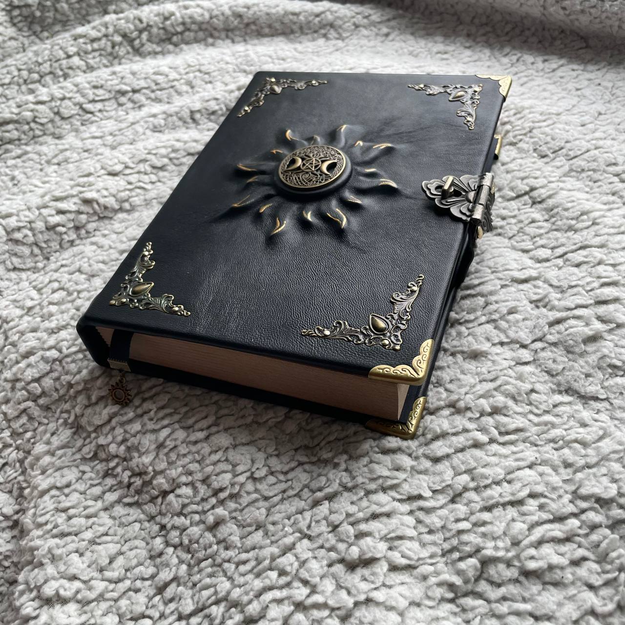 Black Sun Grimoire | Black Leather Witchcraft Journal | Triple Moon • Tree of Life • Pentagram Spellbook