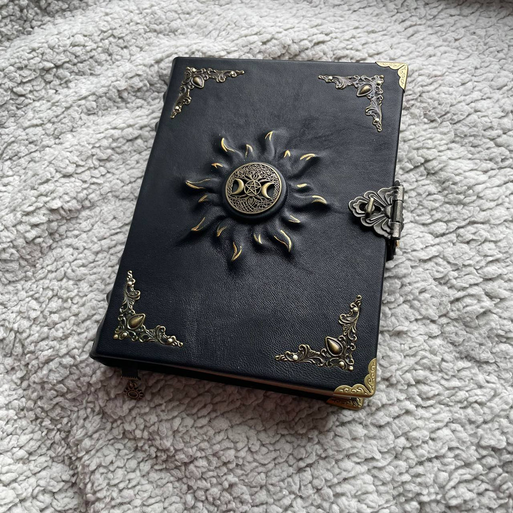 Black Sun Grimoire | Black Leather Witchcraft Journal | Triple Moon • Tree of Life • Pentagram Spellbook