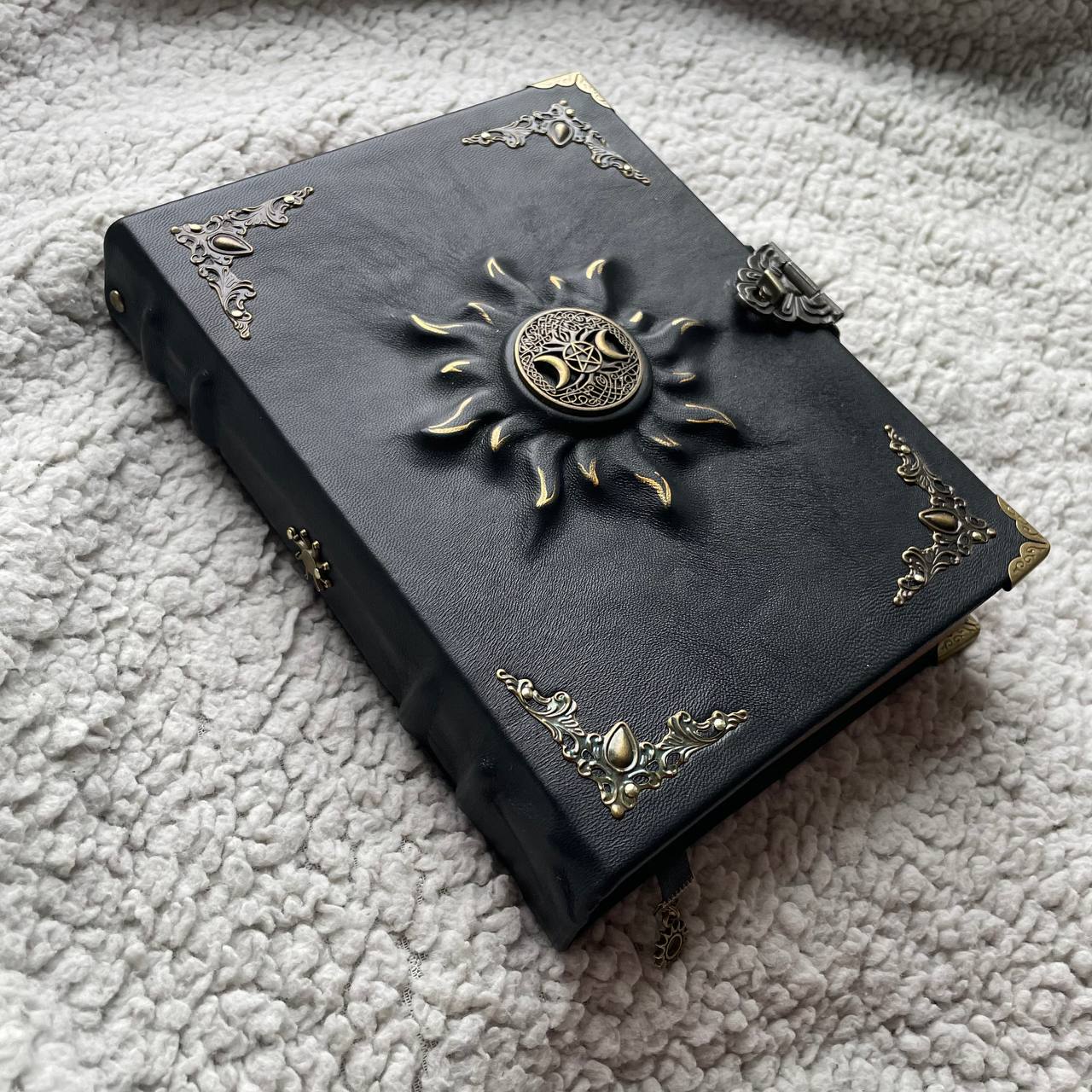 Black Sun Grimoire | Black Leather Witchcraft Journal | Triple Moon • Tree of Life • Pentagram Spellbook