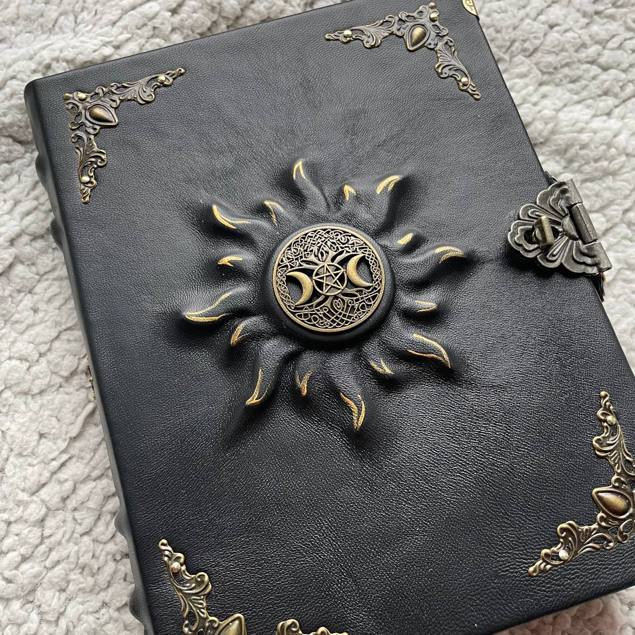Black Sun Grimoire | Black Leather Witchcraft Journal | Triple Moon • Tree of Life • Pentagram Spellbook