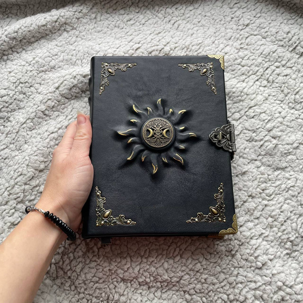 Black Sun Grimoire | Black Leather Witchcraft Journal | Triple Moon • Tree of Life • Pentagram Spellbook