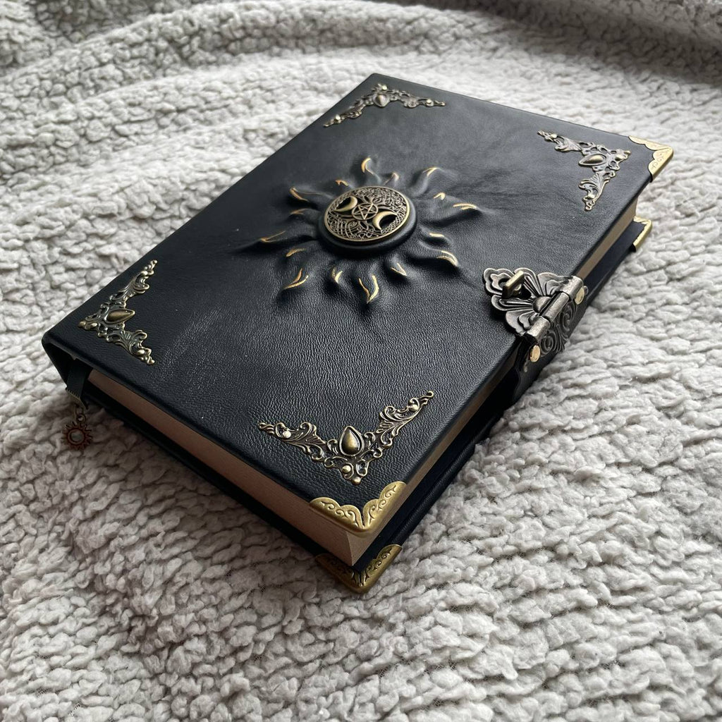 Black Sun Grimoire | Black Leather Witchcraft Journal | Triple Moon • Tree of Life • Pentagram Spellbook