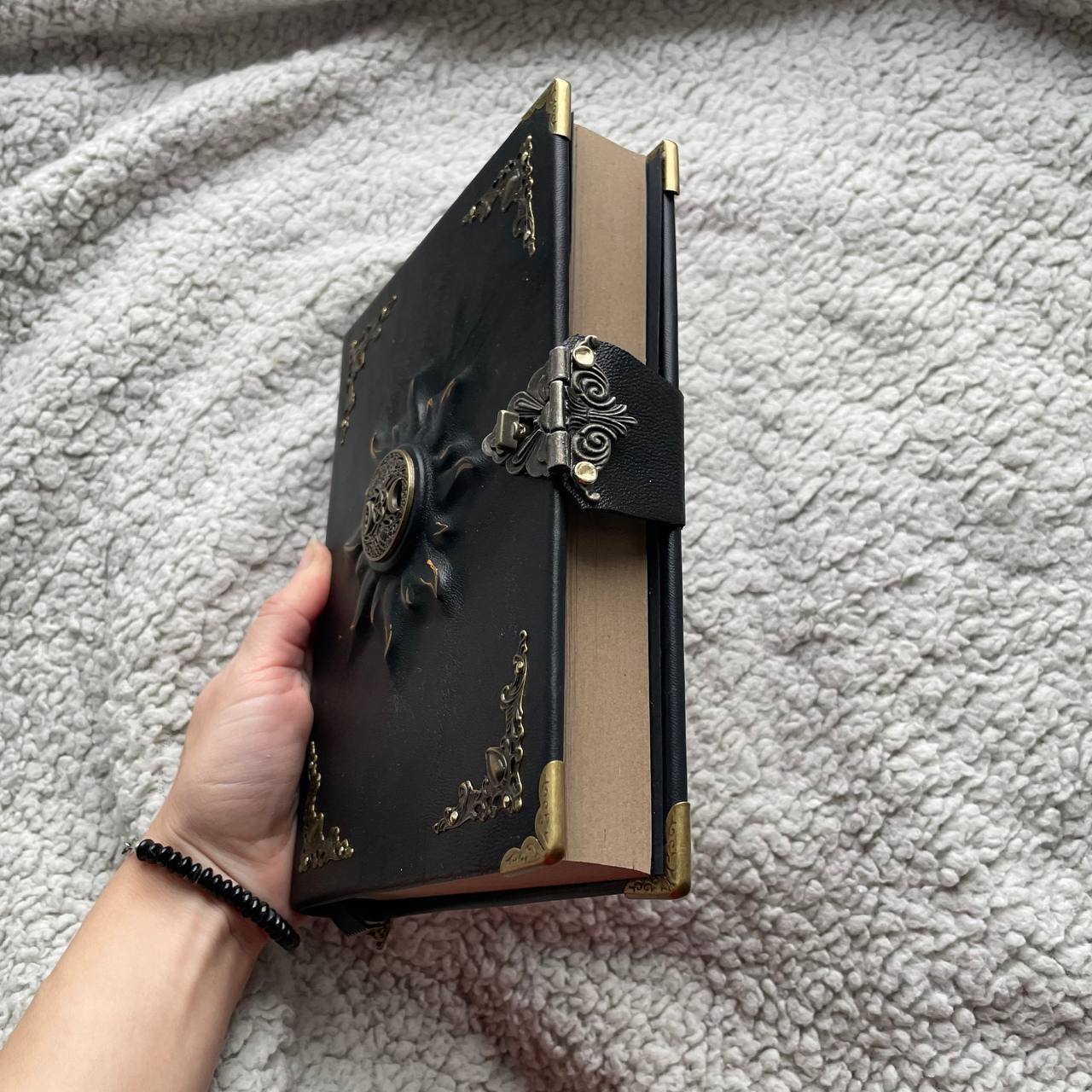 Black Sun Grimoire | Black Leather Witchcraft Journal | Triple Moon • Tree of Life • Pentagram Spellbook