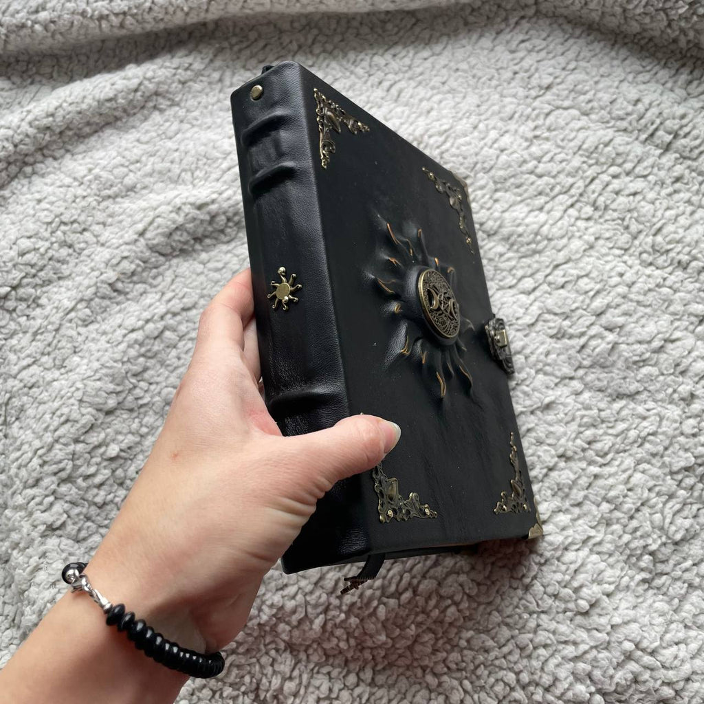Black Sun Grimoire | Black Leather Witchcraft Journal | Triple Moon • Tree of Life • Pentagram Spellbook