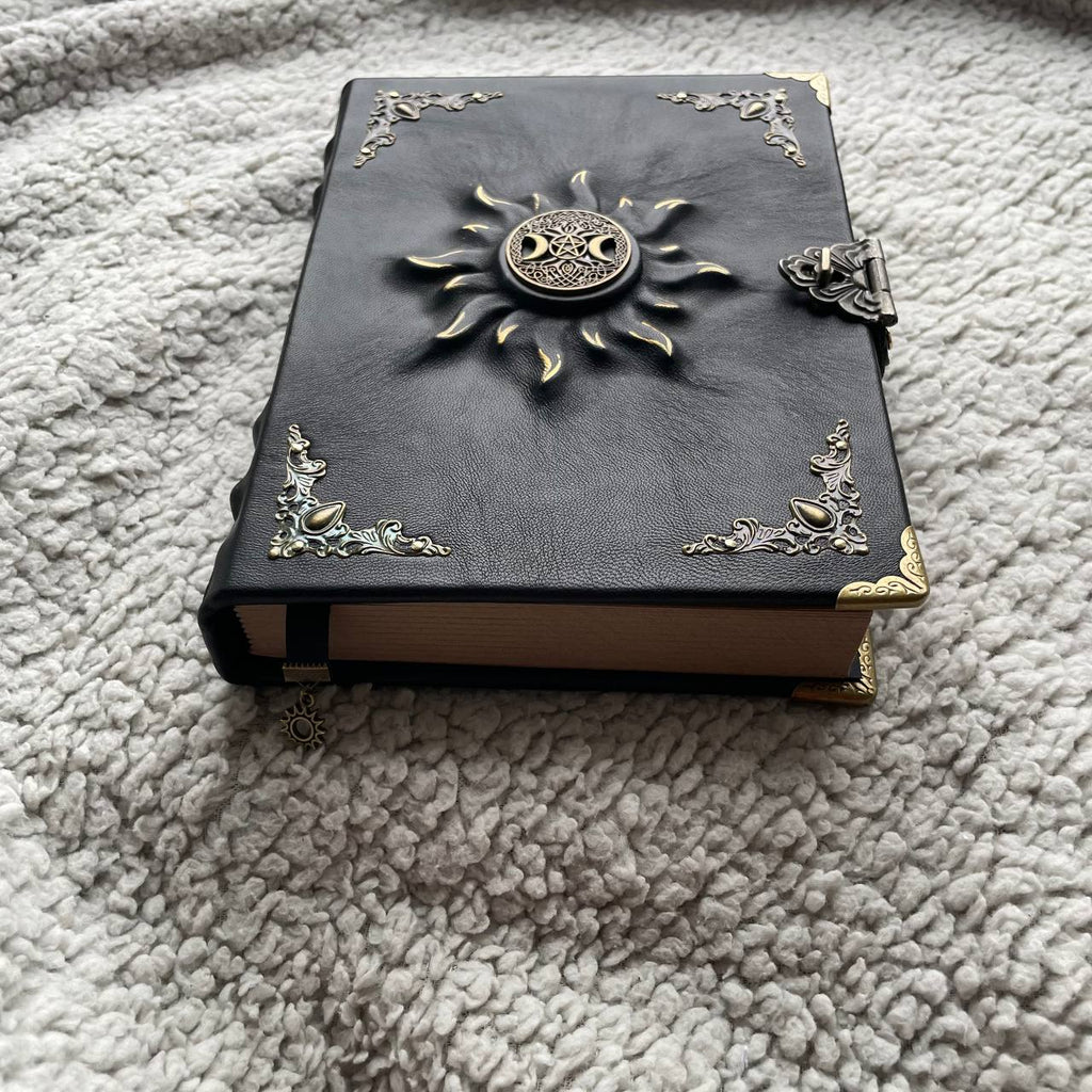 Black Sun Grimoire | Black Leather Witchcraft Journal | Triple Moon • Tree of Life • Pentagram Spellbook