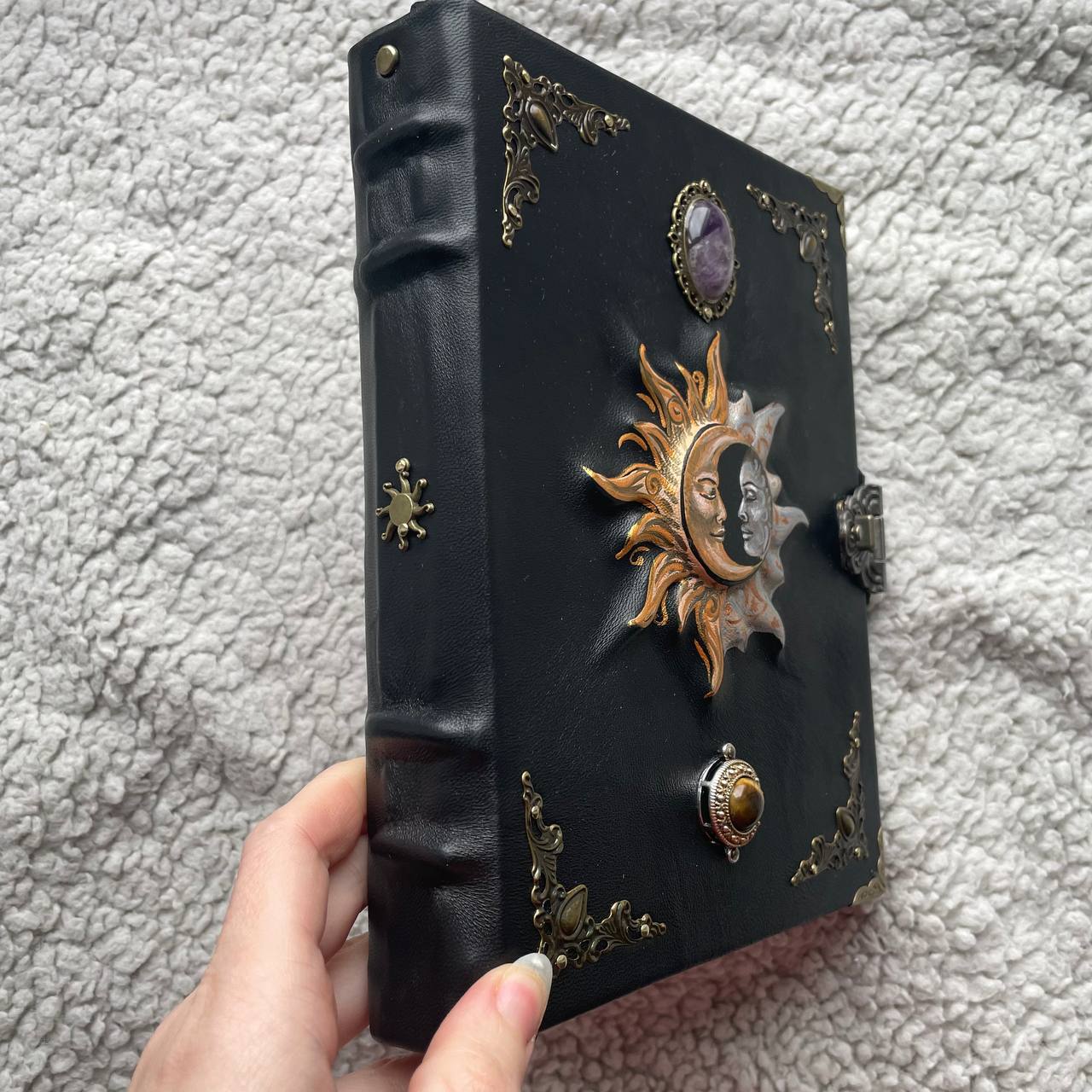 Sun & Moon Leather Grimoire with Amethyst Tiger’s Eye | Hand-Painted Cover, Metal Clasp