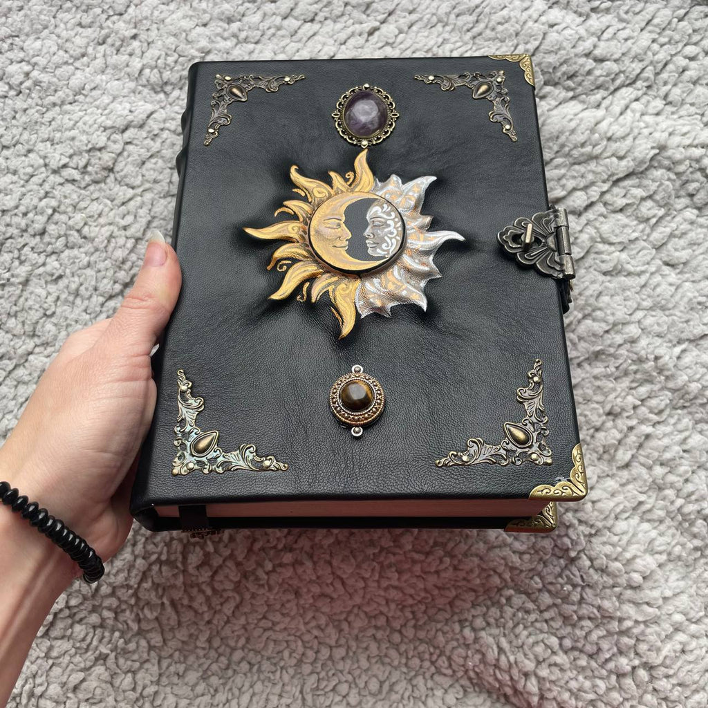 Sun & Moon Leather Grimoire with Amethyst Tiger’s Eye | Hand-Painted Cover, Metal Clasp