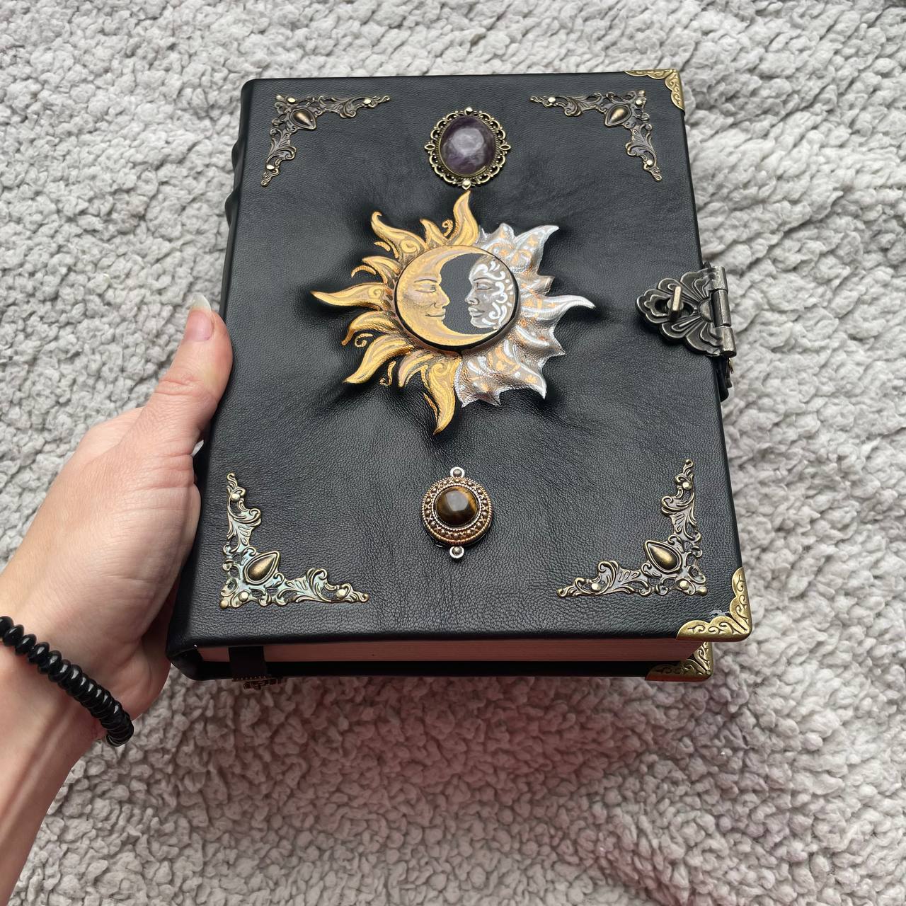 Sun & Moon Leather Grimoire with Amethyst Tiger’s Eye | Hand-Painted Cover, Metal Clasp