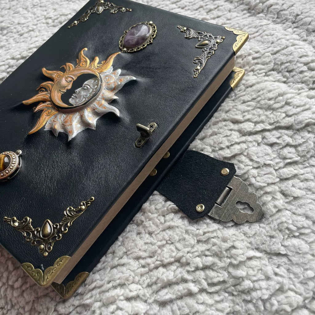 Sun & Moon Leather Grimoire with Amethyst Tiger’s Eye | Hand-Painted Cover, Metal Clasp