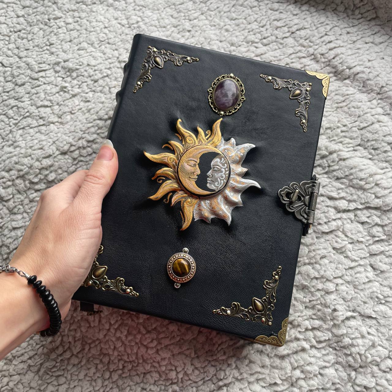 Sun & Moon Leather Grimoire with Amethyst Tiger’s Eye | Hand-Painted Cover, Metal Clasp