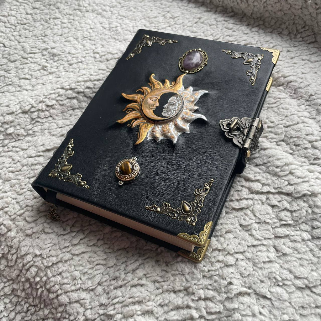 Sun & Moon Leather Grimoire with Amethyst Tiger’s Eye | Hand-Painted Cover, Metal Clasp