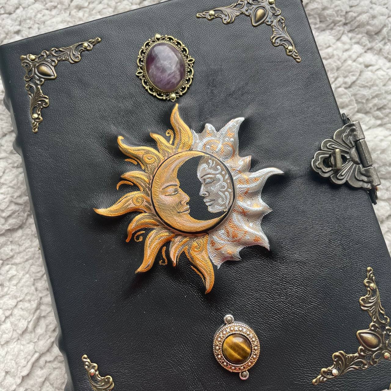 Sun & Moon Leather Grimoire with Amethyst Tiger’s Eye | Hand-Painted Cover, Metal Clasp