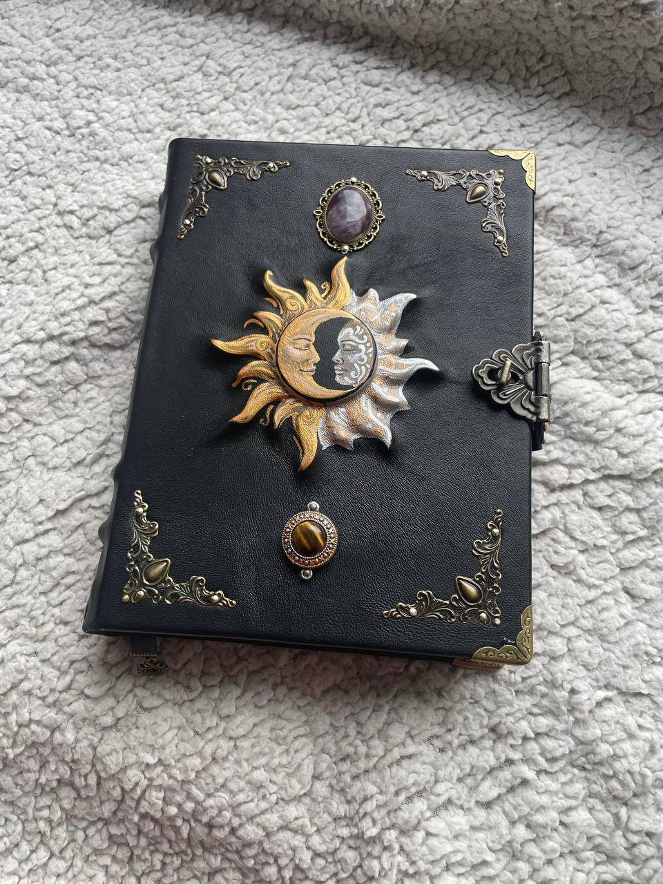 Sun & Moon Leather Grimoire with Amethyst Tiger’s Eye | Hand-Painted Cover, Metal Clasp