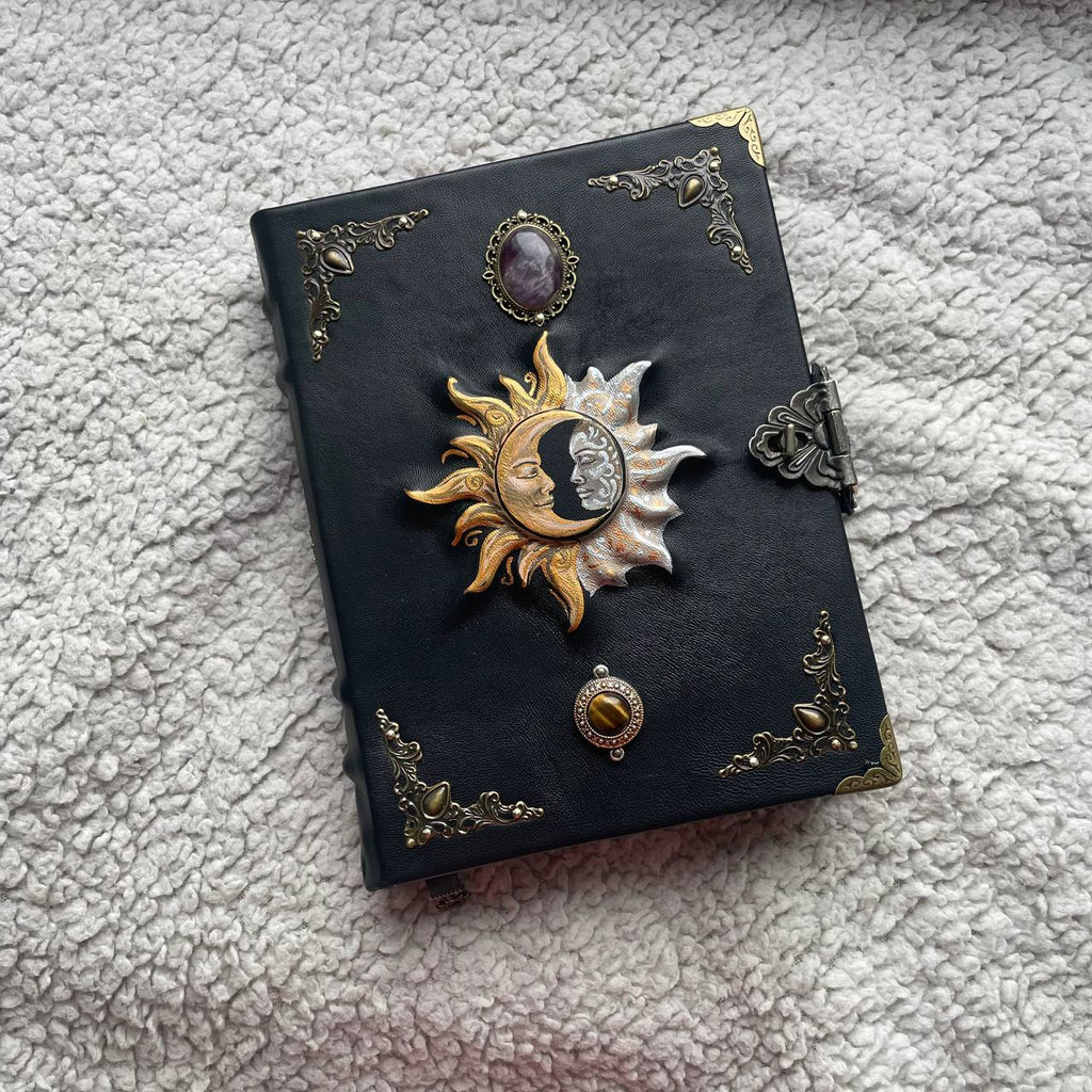 Sun & Moon Leather Grimoire with Amethyst Tiger’s Eye | Hand-Painted Cover, Metal Clasp
