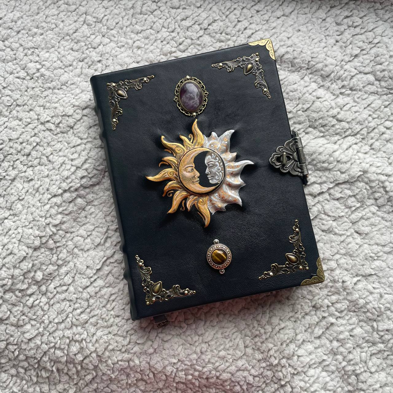 Sun & Moon Leather Grimoire with Amethyst Tiger’s Eye | Hand-Painted Cover, Metal Clasp