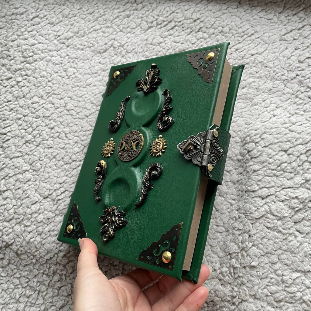 Green Triple Moon Leather Grimoire - Handmade Witchcraft Journal A5/A4 • Locking Spellbook • Eco Kraft Pages