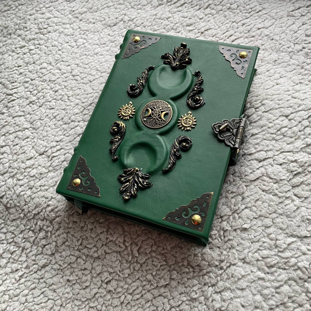 Green Triple Moon Leather Grimoire - Handmade Witchcraft Journal A5/A4 • Locking Spellbook • Eco Kraft Pages