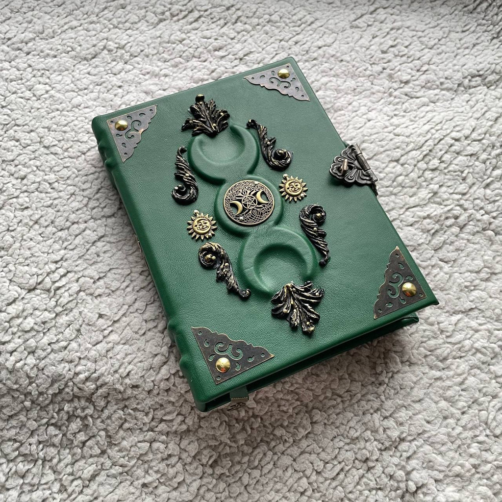 Green Triple Moon Leather Grimoire - Handmade Witchcraft Journal A5/A4 • Locking Spellbook • Eco Kraft Pages