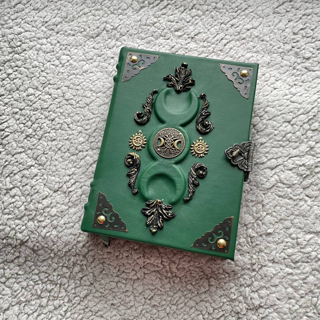 Green Triple Moon Leather Grimoire - Handmade Witchcraft Journal A5/A4 • Locking Spellbook • Eco Kraft Pages