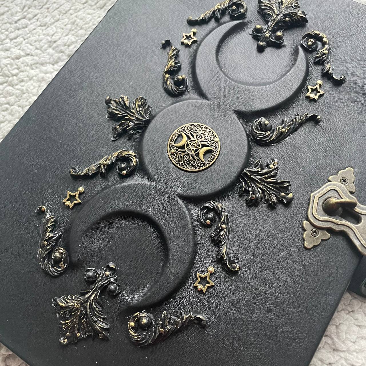 Black Moon A4 Leather Binder Grimoire | Refillable Witchcraft Book | Triple Moon Symbol