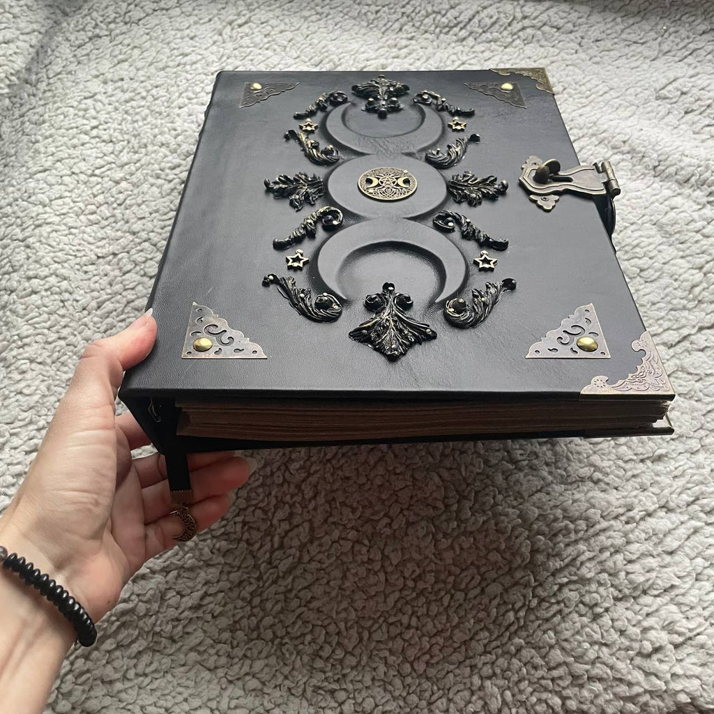 Black Moon A4 Leather Binder Grimoire | Refillable Witchcraft Book | Triple Moon Symbol