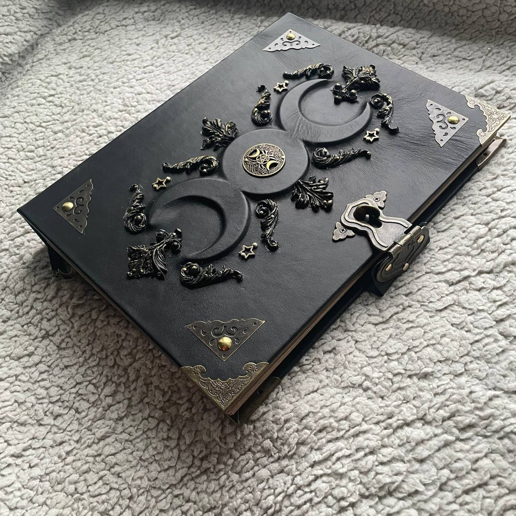 Black Moon A4 Leather Binder Grimoire | Refillable Witchcraft Book | Triple Moon Symbol