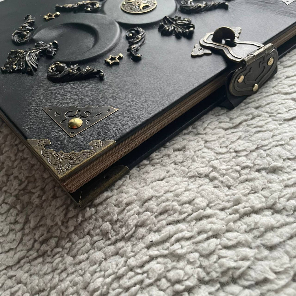 Black Moon A4 Leather Binder Grimoire | Refillable Witchcraft Book | Triple Moon Symbol