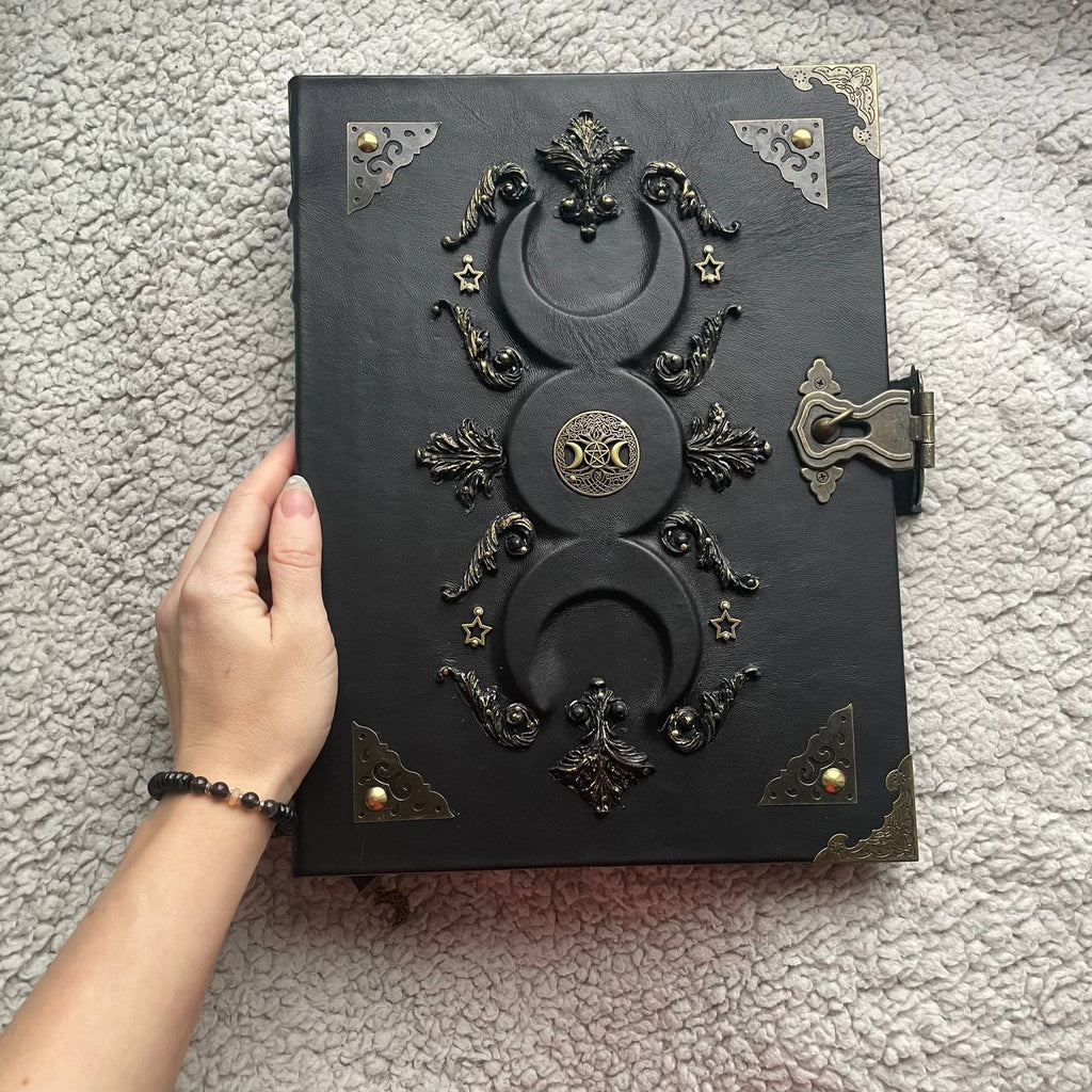 Black Moon A4 Leather Binder Grimoire | Refillable Witchcraft Book | Triple Moon Symbol